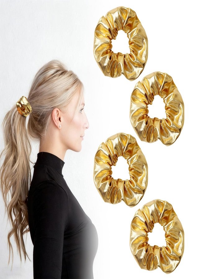 LUSTRIB 4 Pcs Gold Hair Scrunchies, Shiny PU Leather Hair Ties for Women & Girls, Elastic Glam Hair Accessories for Cheerleading Teen Girls College Sports Ponytail & Daily Use - Image 1